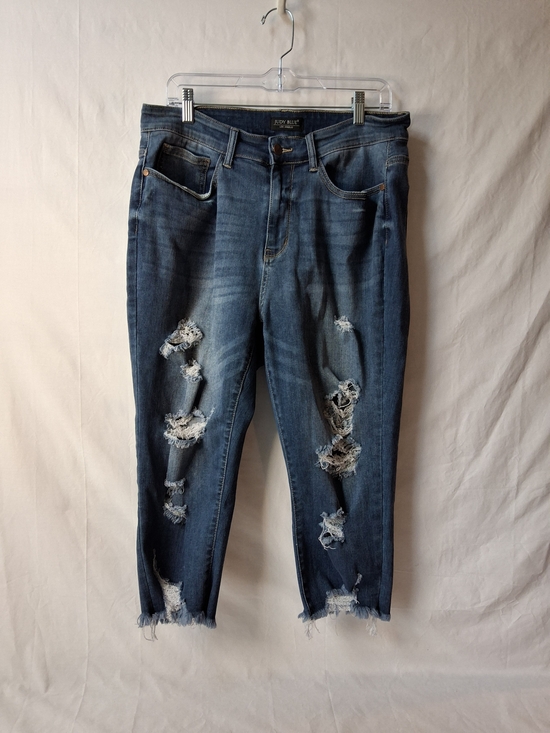 Judy Blue Denim - Judy Blue Medium Dark Blue Crop Distressed Boyfriend Jeans